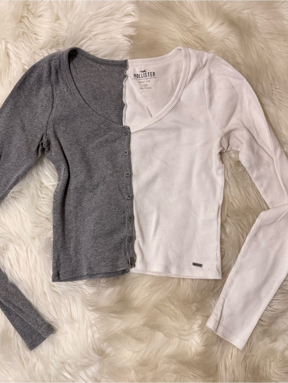 Hollister Two-Tone Gray & White Ribbed Button-Up Long Sleeve Top